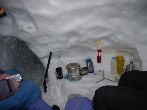 inside the snow cave kitchen